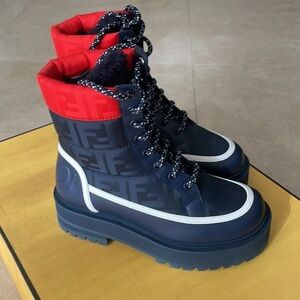 FENDI Logo-jacquard Leather Ankle Shearling Snow Boots